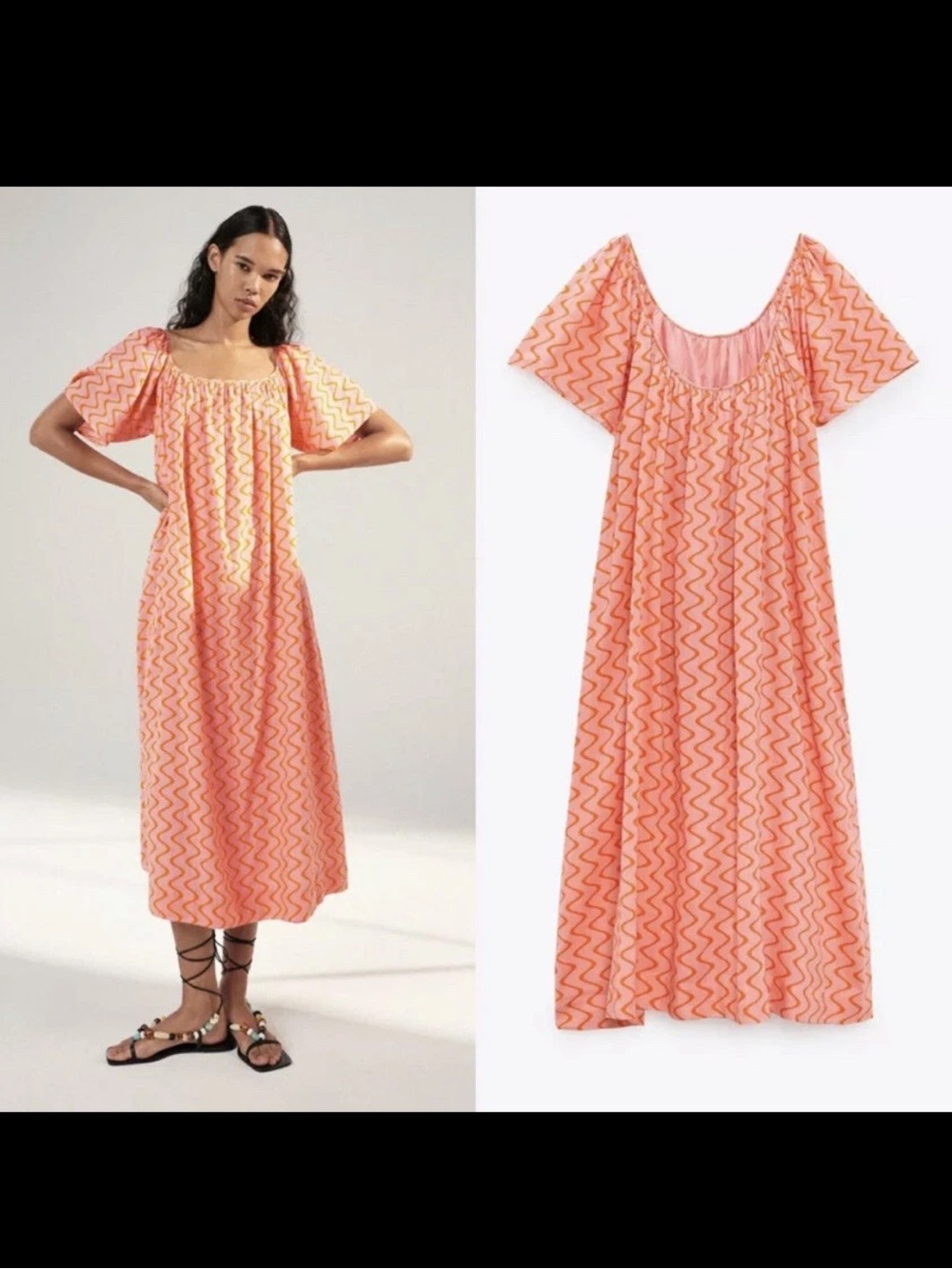 Zara Cotton Pink/Orange Wave-Print Maxi Dress Size M NEW w/Tag!